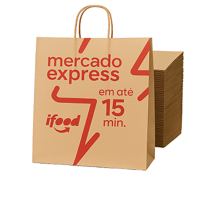 Kit 50 Sacolas de Papel Kraft Ifood Mercado Express - 32x28x17,5 cm