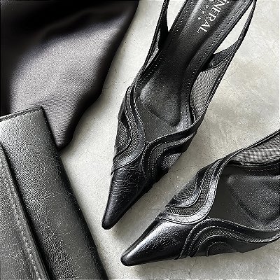 Slingback Mônaco - Slingback Preto com Transparência Salto Fino