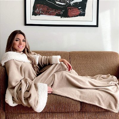 Cobertor com Mangas Manta e Sherpa Bege Casa Dona