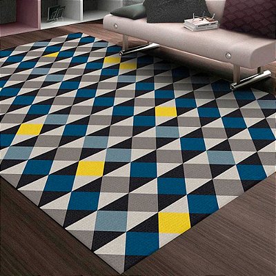 Tapete Mosaico Triângulos para Sala e Quarto 1,40 X 2,00 Metros Antiderrapante Anti Térmico  Azul, Preto, Cinza e Amarelo Casa Dona