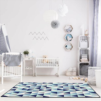 Tapete Mosaico Triângulos para Sala e Quarto 1,00 X 1,40 Metros Antiderrapante Anti Térmico  Azul, Branco e Cinza Casa Dona