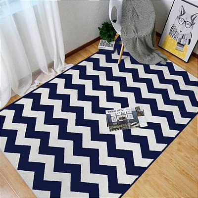 Tapete Chevron Sala e Quarto 1,00 X 1,40 Metros Antiderrapante Azul Marinho Casa Dona