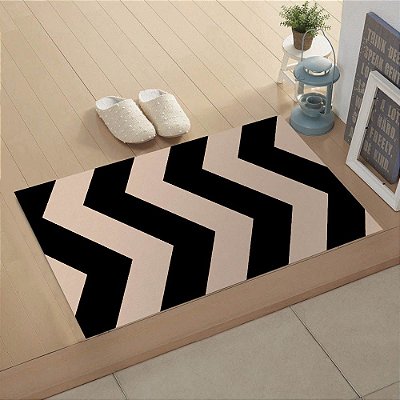 Tapete Capacho Chevron Sala e Quarto 0,45 X 0,75 Metros Antiderrapante Preto e Bege Casa Dona