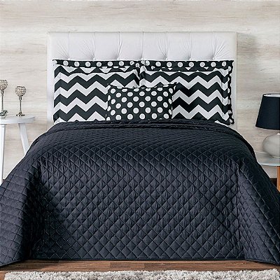 Kit Cobre Leito 7 Peças Chevron Casal 2,40 X 2,20 Metros Matelado Ultrassônico Preto Casa Dona