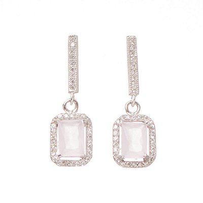 Brinco Prata Quartzo Retangular Rosa Zircônias Pendente