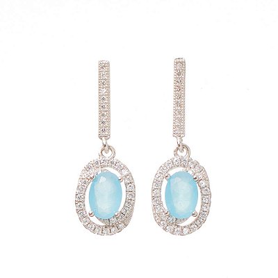 Brinco Prata Quartzo Azul Oval Zircônias Pendente