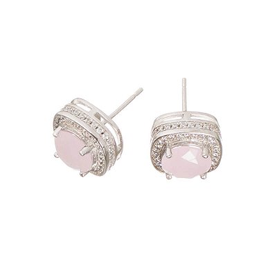 Brinco Prata Quartzo Rosa Zircônias Quadrado Ródio