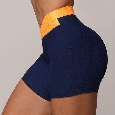 Shorts Jacquard Tradicional Azul  -Faixa Laranja Neon