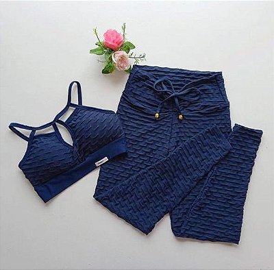 Conjunto Longo Semi Empina Brocado - Azul marinho