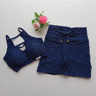 Conjunto Curto Semi empina Brocado Azul marinho /Top Rhavena