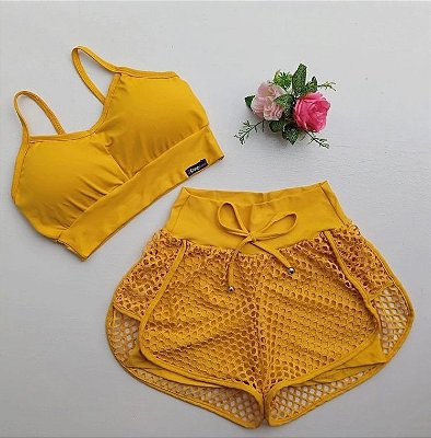 Conjunto Curto Tradicional Shorts Duplo -Amarelo mostarda