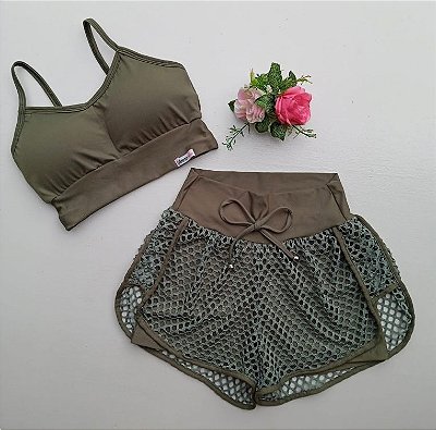 Conjunto Curto Tradicional Shorts Duplo -Verde Militar