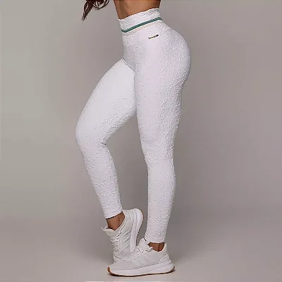 Legging Empina Jacquard Perlê Branca/Verde -P/M/G 36 a 42