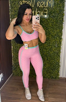 Conjunto Semi Empina Brocado Rosa/Azul - Tamanho único 38 a 42+