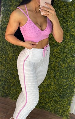 Conjunto Semi Empina Brocado -Branco/Rosa - Tamanho único  38 a 42+
