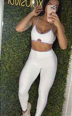 Conjunto Semi Empina Brocado Branco/Lilás -Tamanho único -P/M/G