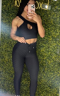 Conjunto Semi Empina Brocado Preto/Top Gota -Tamanho único 38 a 42