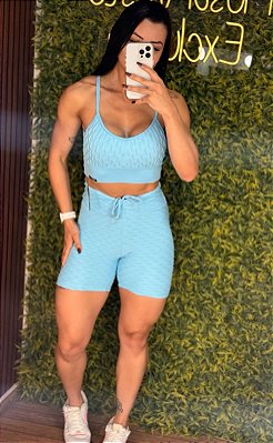 Conjunto Semi Empina Brocado Azul -Tamanho único 38 a 42