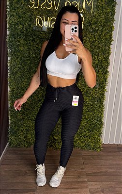 Legging Semi Empina Brocada Preta - Tamanho único 38 a 42+