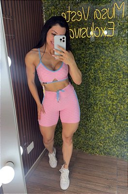 Conjunto Semi Empina Brocado Rosa/Azul - Tamanho único 36 a 42