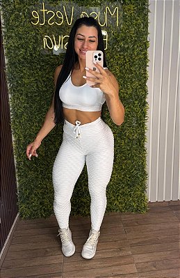 Legging Semi Empina Brocado Branco -Tamanho único 38 a 42