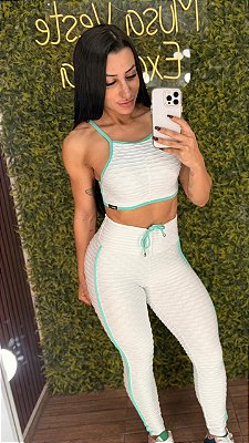 Conjunto Semi Empina Brocado Branco /Verde- Tamanho único 38 a 42