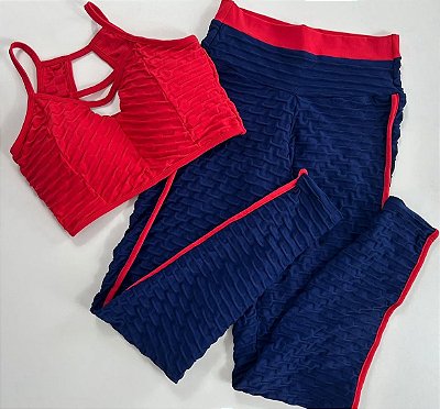 Conjunto Semi Empina Brocado Azul e Vermelho- Tamanho único 38 a 42/44