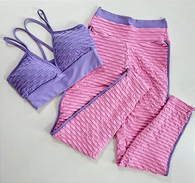 Conjunto Semi Empina Brocado Lilás e Rosa- Tamanho único 38 a 42/44