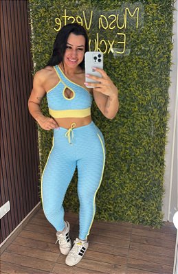Conjunto Semi Empina Brocado Azul e Amarelo - Tamanho único 38 a 42/44