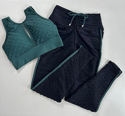 Conjunto Semi Empina Brocado Preto/Verde Náutico - Tamanho único 38 a 42/44