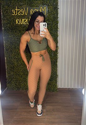 Conjunto Semi Empina Brocado Marrom/Verde - Tamanho único 38 a 42+