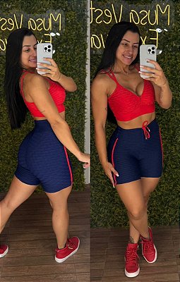 Conjunto Curto Semi Empina Brocado Azul/Vermelho- Tamanho único 38 a 42+