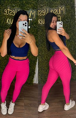 Conjunto Semi Empina Brocado Azul/Pink - Tamanho único 38 a 42