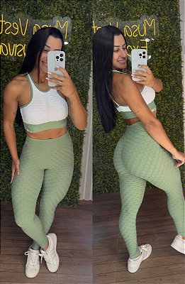 Conjunto Semi Empina Brocado Verde/Branco- Tamanho único 38 a 42+