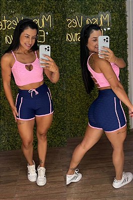 Conjunto Semi Empina Brocado Rosa/Azul - Tamanho único - 36 a 42