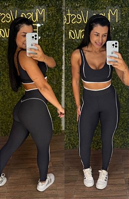 Conjunto Tradicional Canelado Preto Lines Branco- Tamanho único 38 a 42