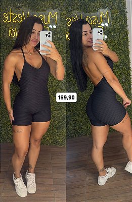 Macaquinho Semi Empina Brocado Preto -Tamanho único 36 a 40