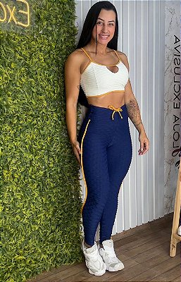 Conjunto Semi Empina Brocado Azul/amarelo - Tamanho único 38 a 42/44