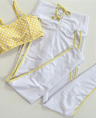 Conjunto Semi Empina Branco Poá /Amarelo -Tamanho único 38 a 42