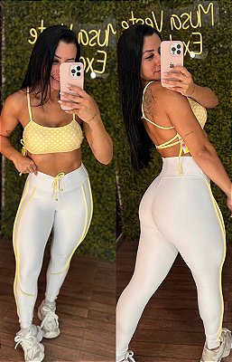 Conjunto Semi Empina Branco Poá /Amarelo -Tamanho único 38 a 42
