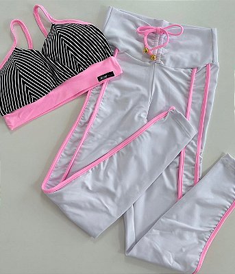 Conjunto Semi Empina Branco Recort Rosa -Tamanho único 38 a 42
