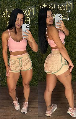 Conjunto Curto Tradicional Shorts Duplo Rosa/Nude - Tamanho único