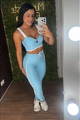 Conjunto Semi Empina Brocado Azul recort Branco - Tamanho único 38 42