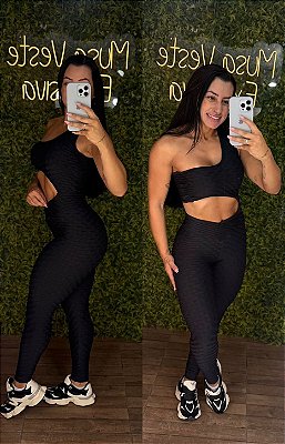 Macacão Semi Empina Brocado Gota Lateral Preto - Tamanho único 38 a 42