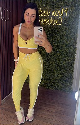 Conjunto Semi Empina Brocado Amarelo/Branco - Tamanho único 38 a 42/44