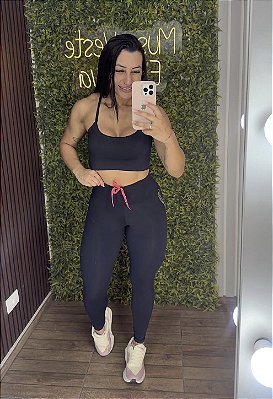 Legging Empina Preta com Rosa Neon -Tamanho único 38 a 42