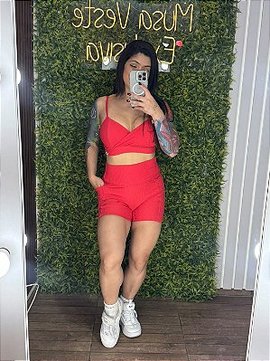 Conjunto Curto Canelado Vermelho - Veste M/G