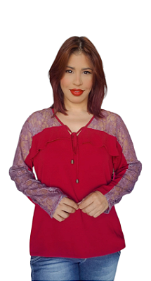 BLUSA MG LONGA CREPE FRUTAS VERMELHAS