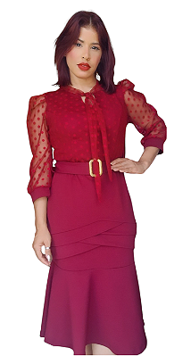 VESTIDO LONGO CANELADO LILI MANGA TULE