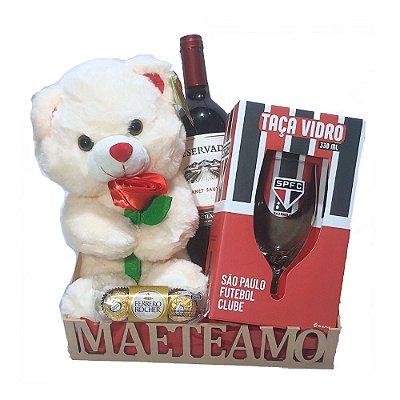 Cesta Dia Das Mães São Paulo Times De Futebol Com Urso, Taça, Vinho